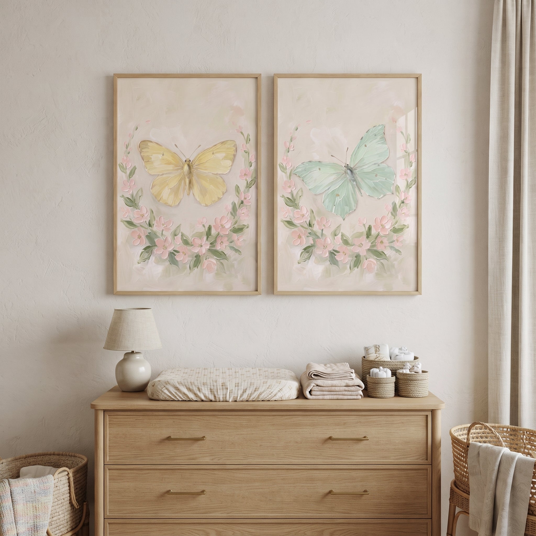 Pastel Floral Wreath Butterfly Wall Art Set of 2 - Pastel Winged Garden
