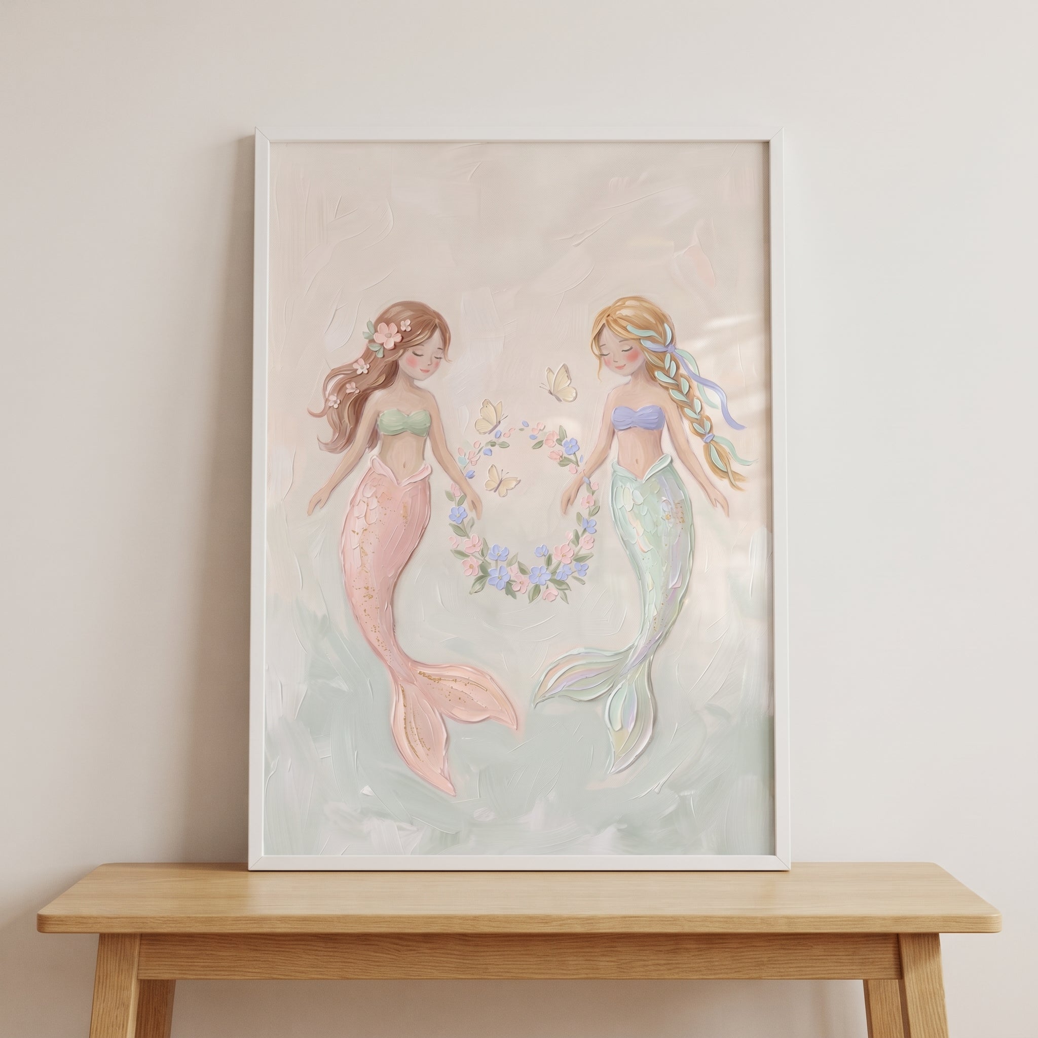 Pastel Floral Wreath Mermaid Wall Art - Floral Sea Sisters
