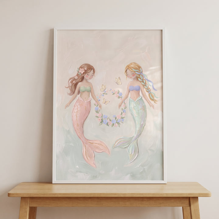 Pastel floral wreath mermaid wall art featuring two mermaids with colorful tails in a white frame on a wooden table.
