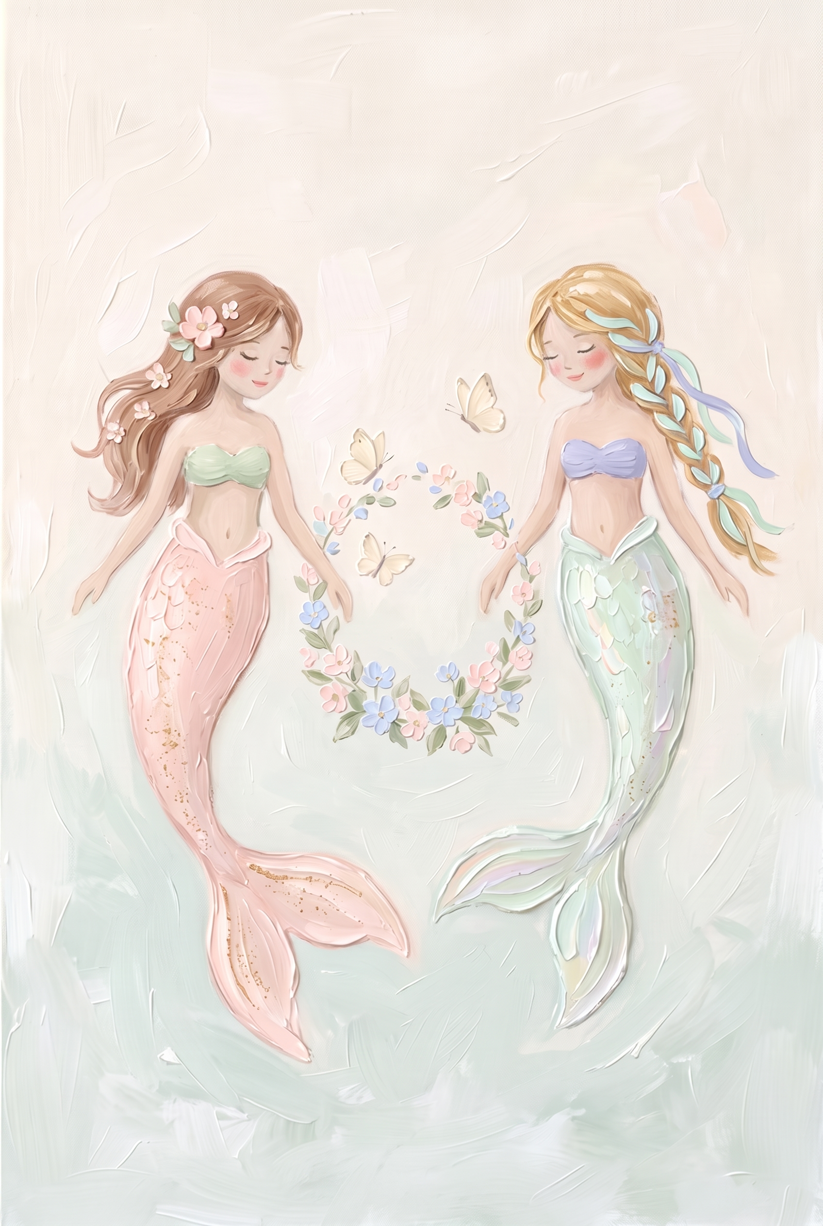 Pastel Floral Wreath Mermaid Wall Art - Floral Sea Sisters
