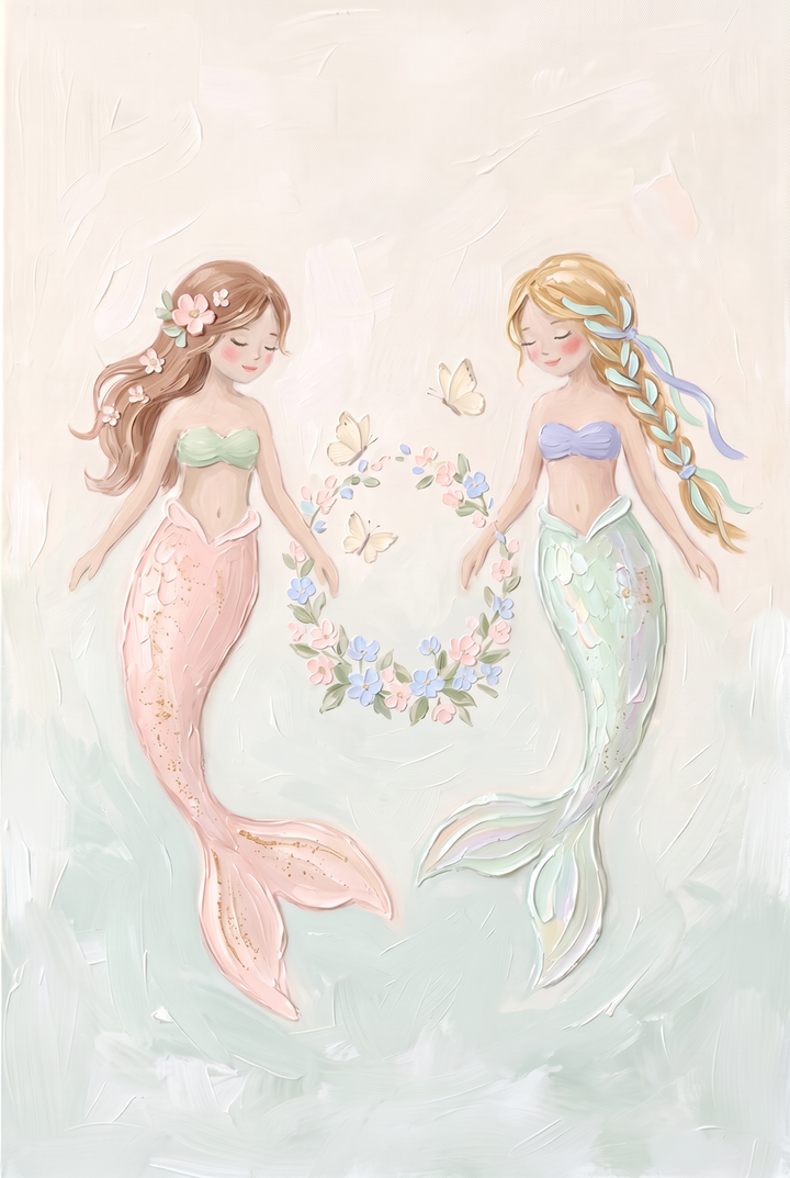 Two mermaids with long hair and butterflies frame a pastel floral wreath mermaid wall art in soft pink and green.