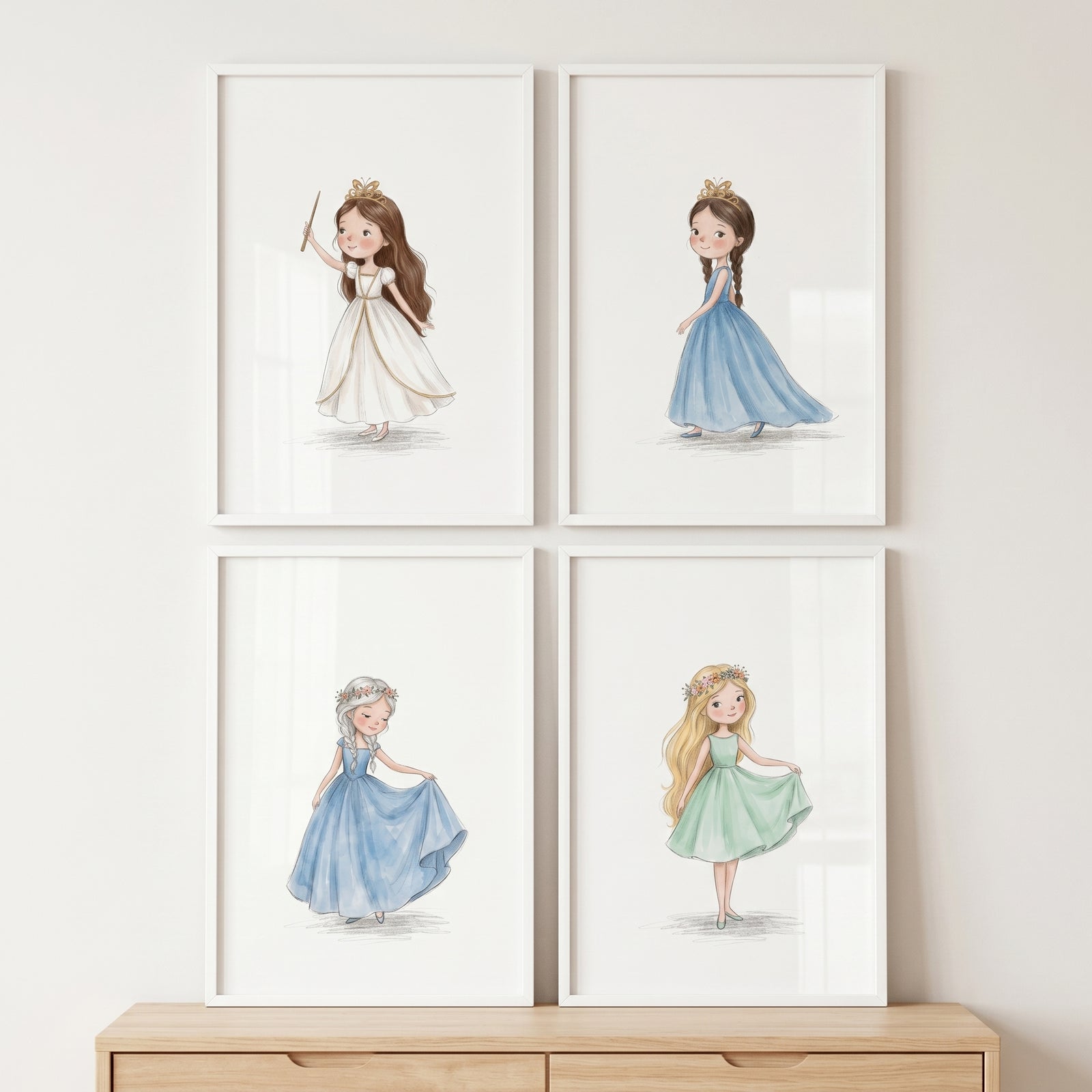 Pastel flowing gown princess artwork set of 4 features illustrations of girls in soft-colored gowns hung in a grid.