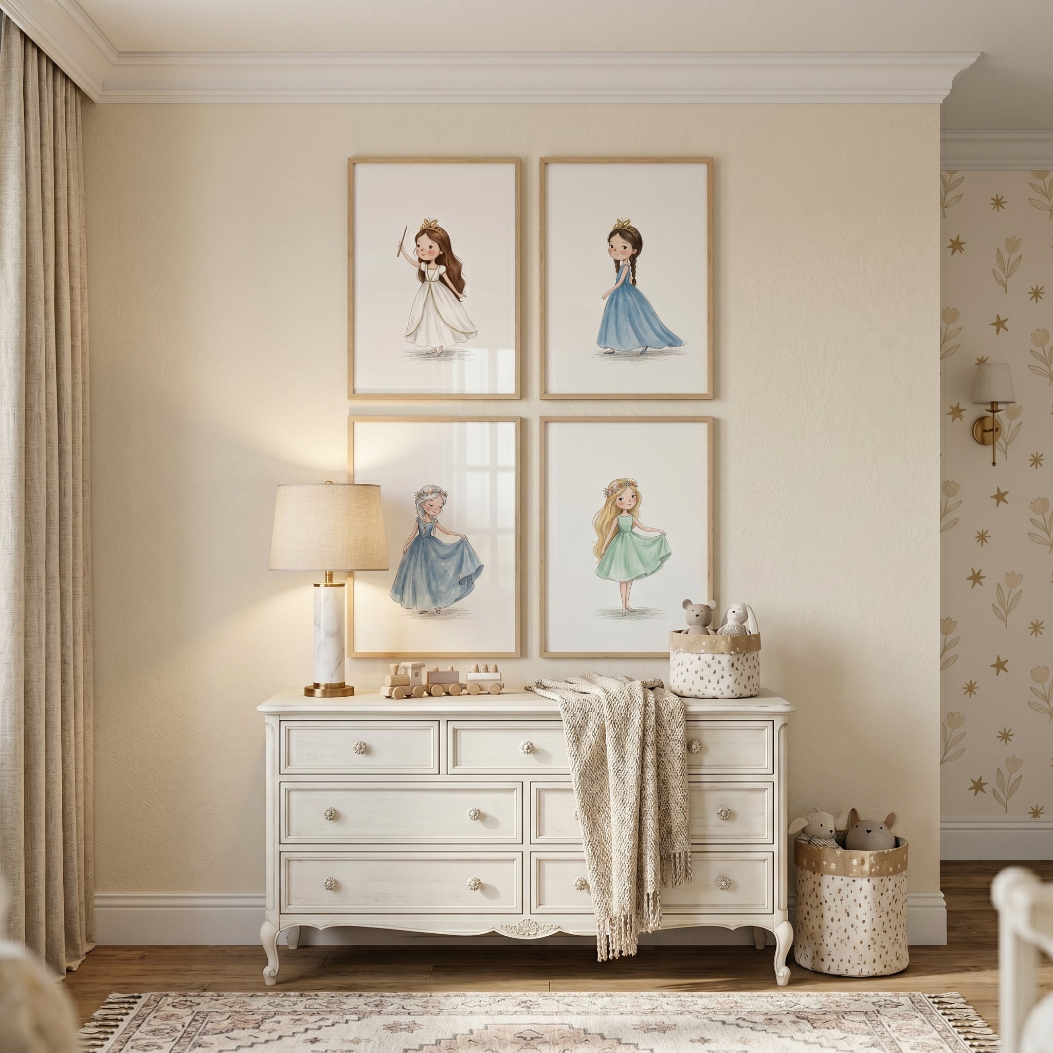 Pastel Flowing Gown Princess Artwork Set Of 4 - Whimsical Little Princesses