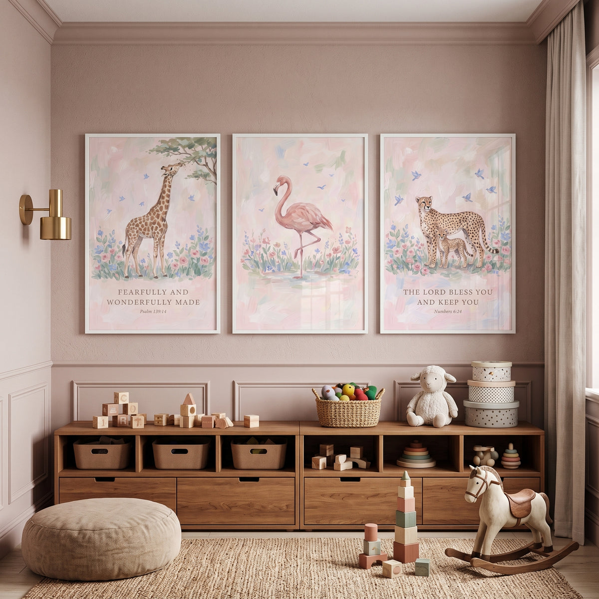 Pastel Garden Safari Animals Wall Art Set Of 3 - Whimsical Savanna Grace