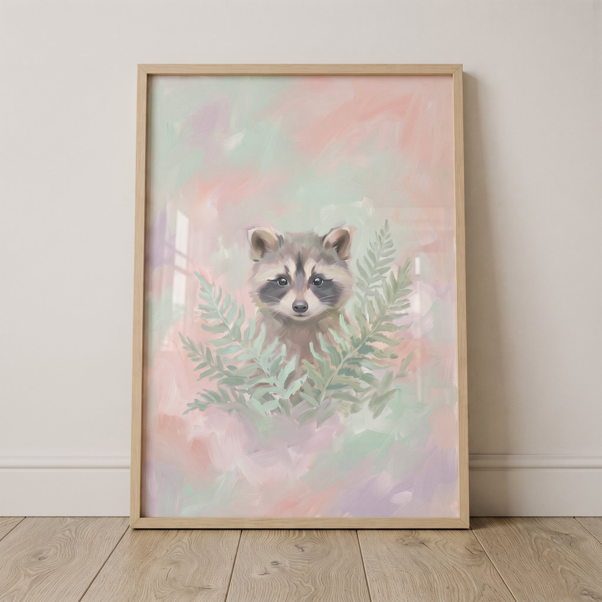 Pastel Green Fern Raccoon Wall Art - Pastel Forest Friend