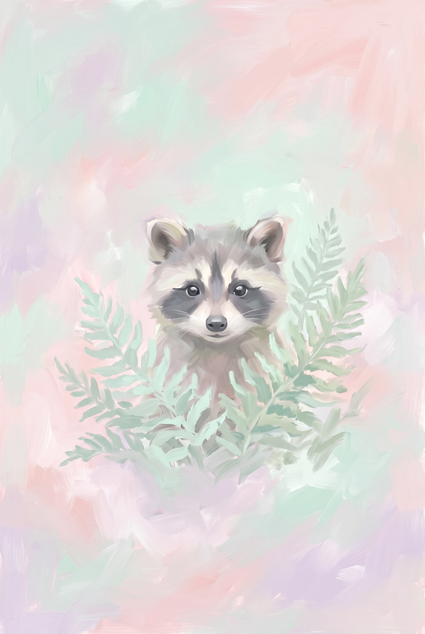 Pastel Green Fern Raccoon Wall Art - Pastel Forest Friend