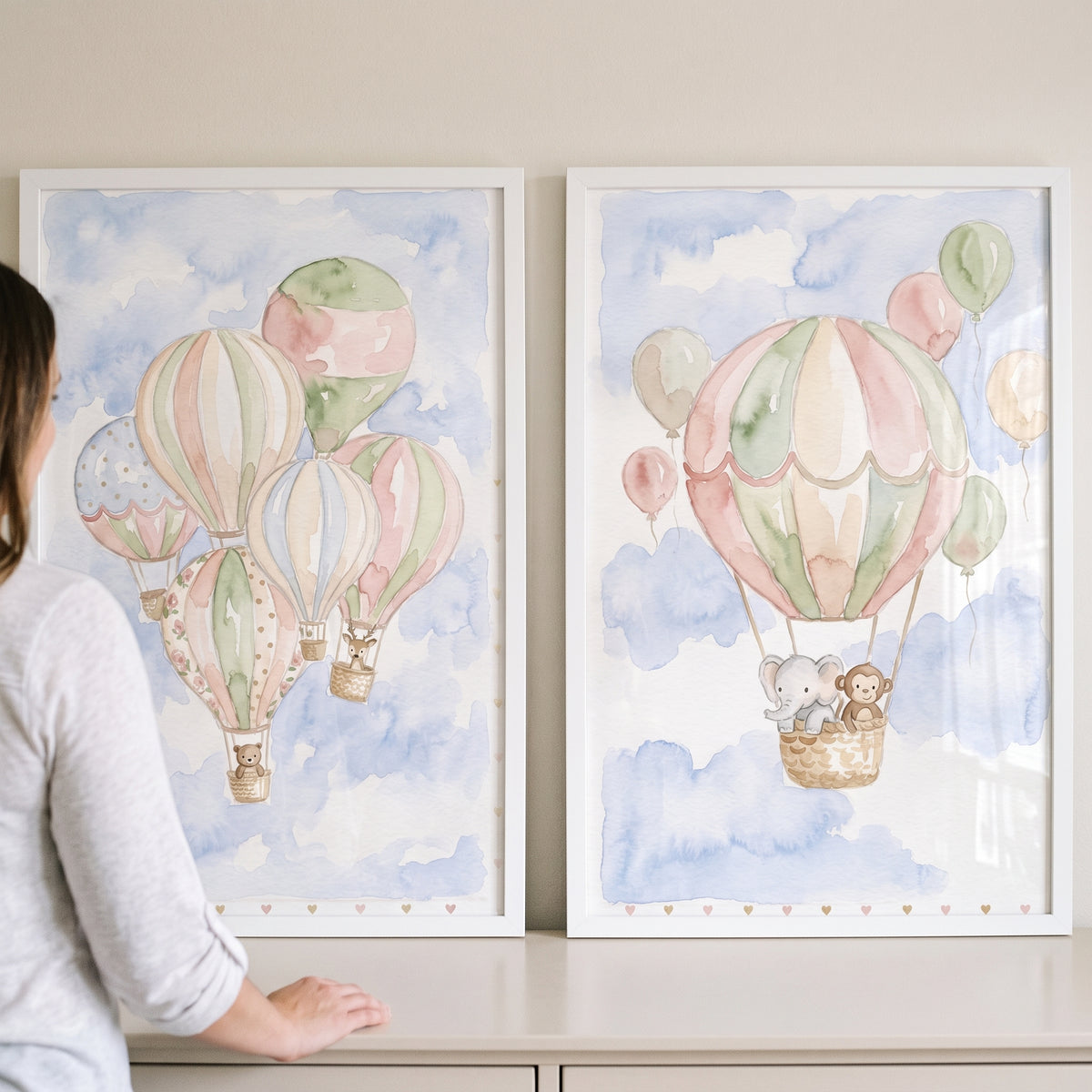 Pastel Hot Air Balloon Wall Art Set Of 2 - Whimsical Sky Adventure