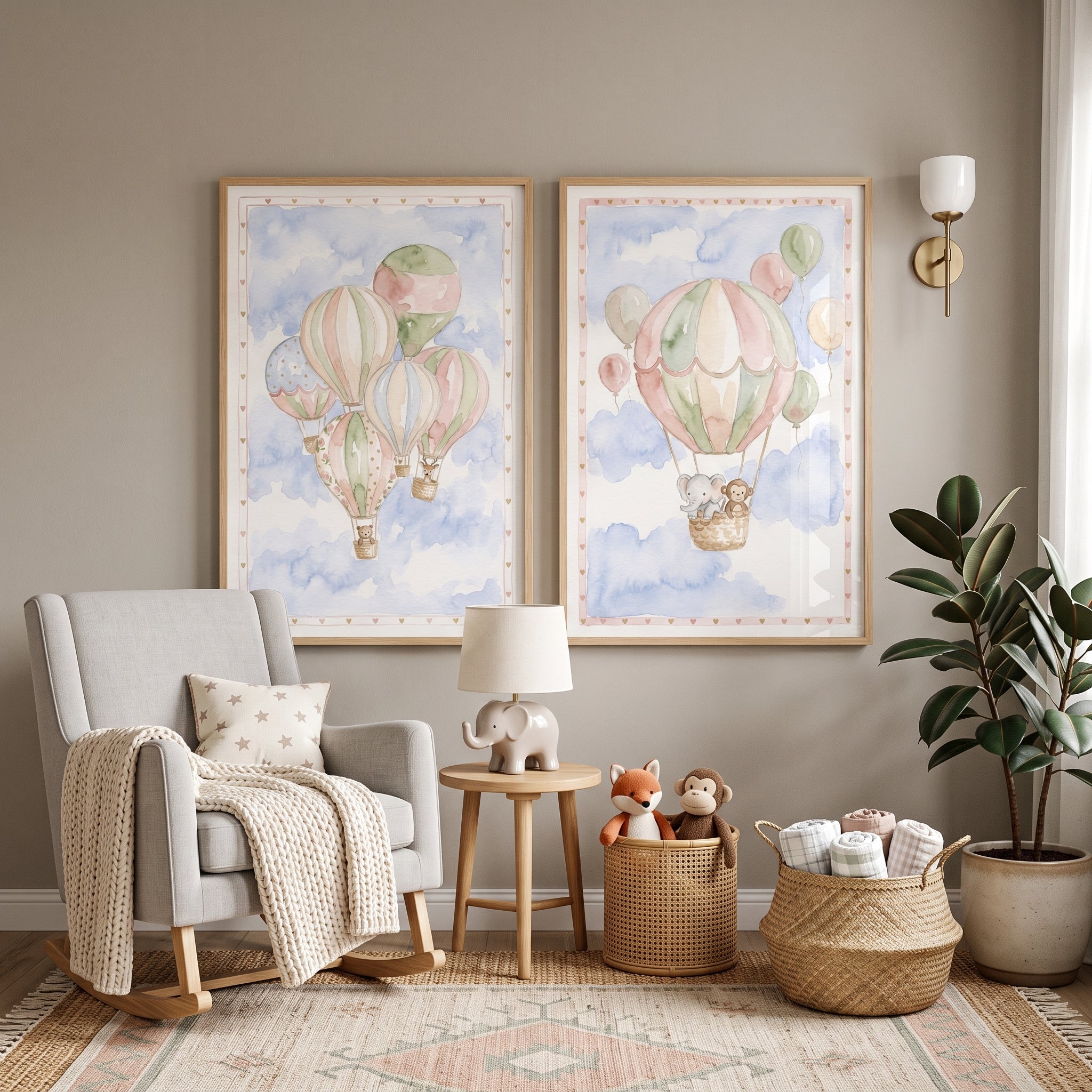 Pastel Hot Air Balloon Wall Art Set Of 2 - Whimsical Sky Adventure