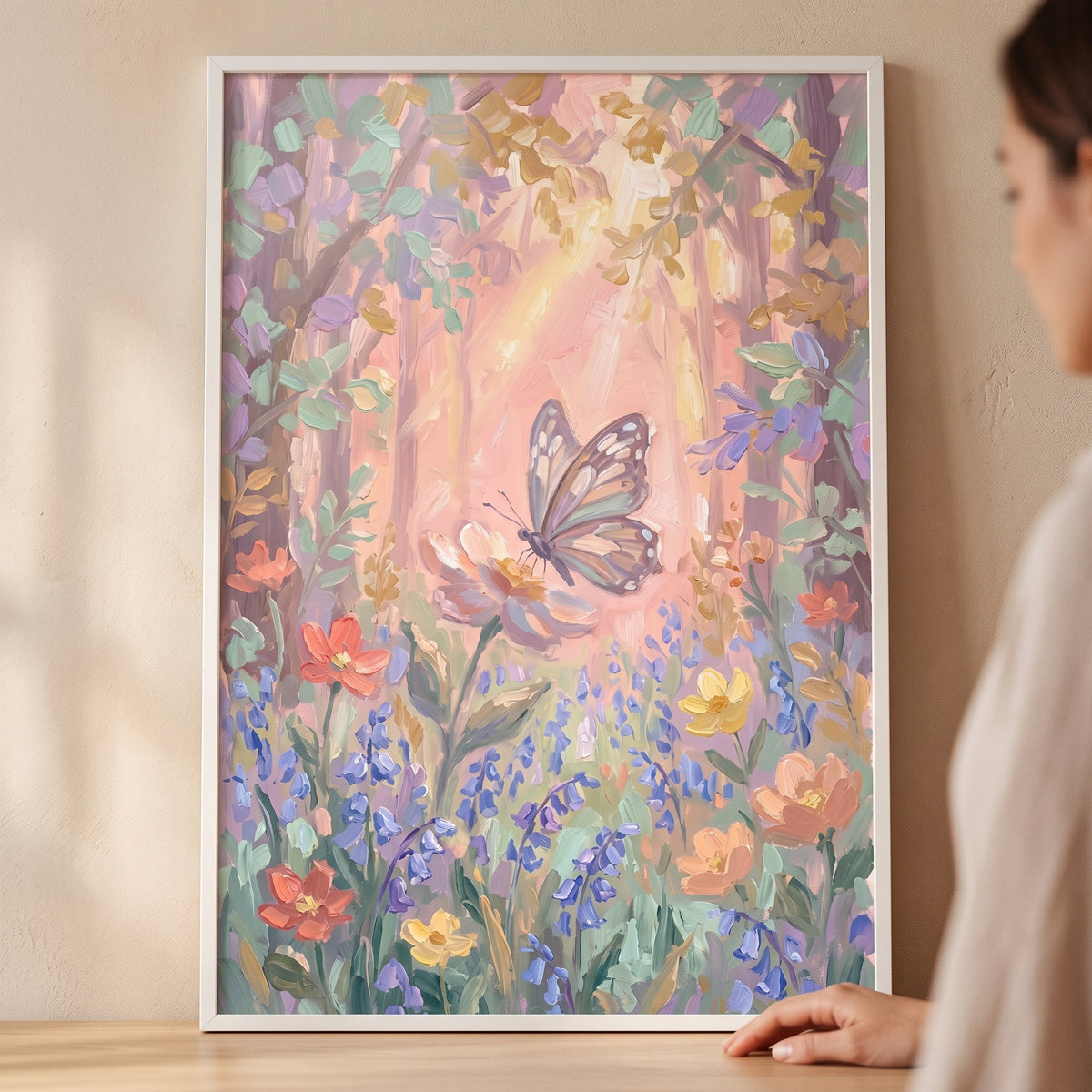 Pastel impasto butterfly floral wall art in a white frame depicts a butterfly among soft-colored, textured wildflowers.