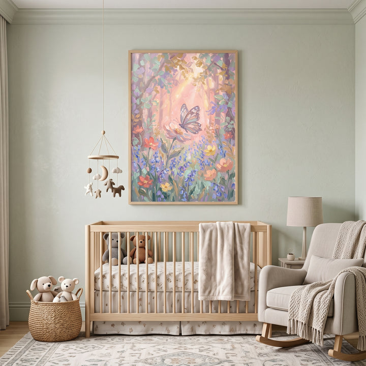 Wooden crib, rocking chair, and pastel impasto butterfly floral wall art in a light green nursery with stuffed animals.