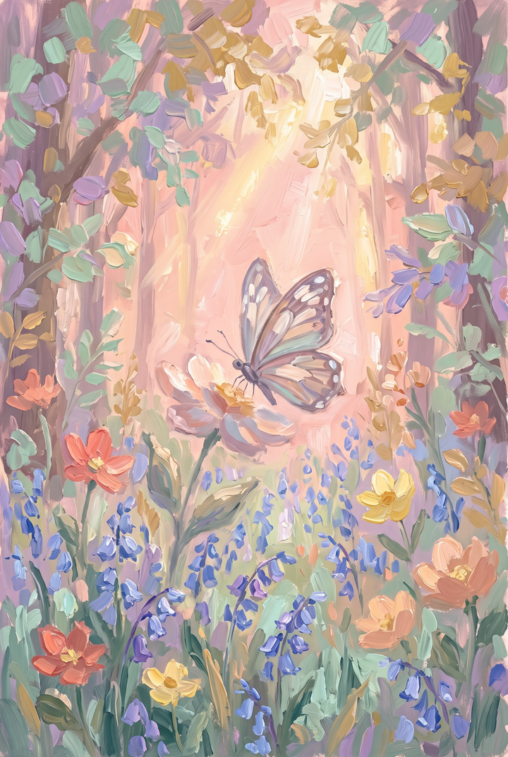 Pastel impasto butterfly floral wall art with a butterfly landing on a flower in a sunny, thick-textured forest.
