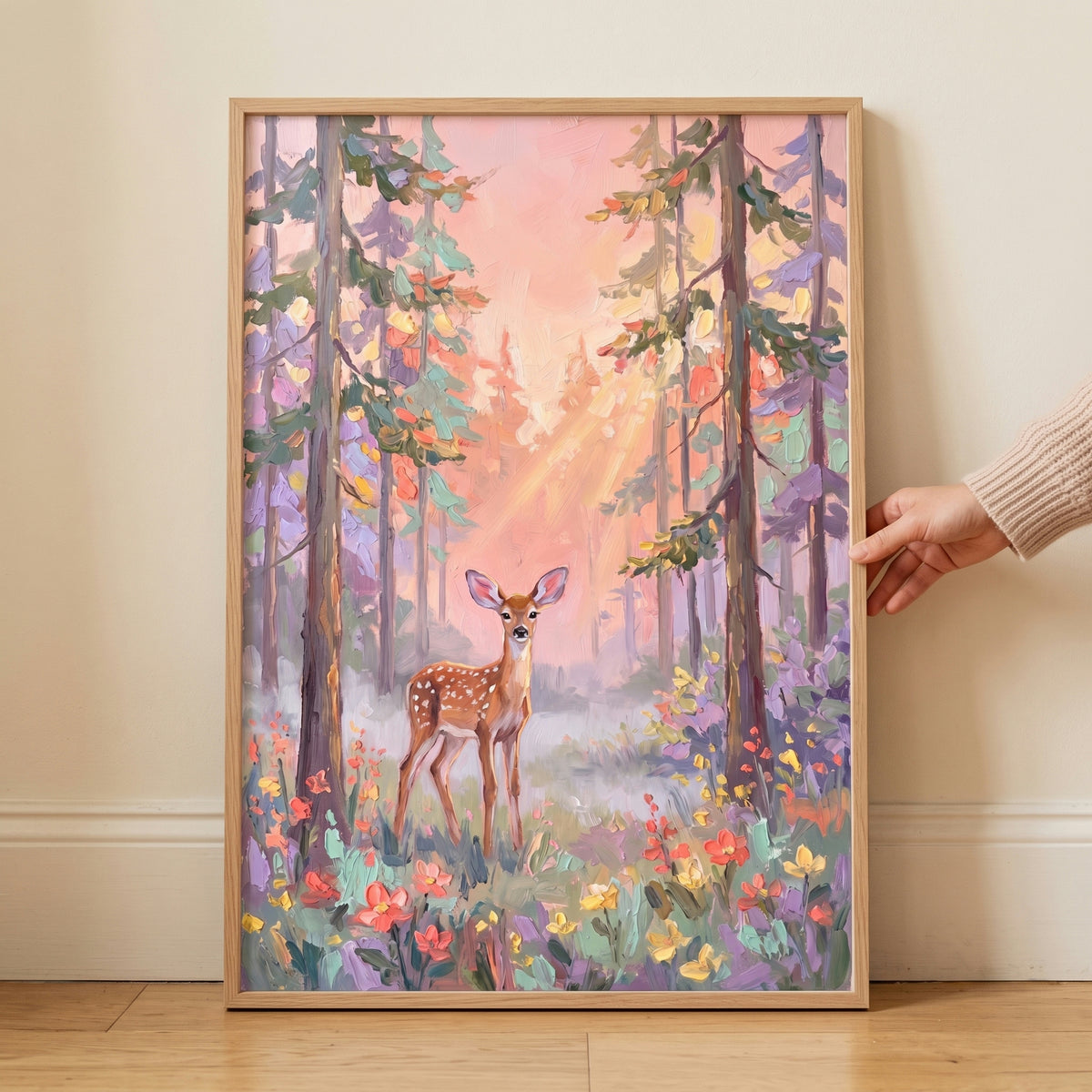 Pastel impasto fawn woodland wall art featuring a young deer in a colorful flower field under a soft pink sunset sky.