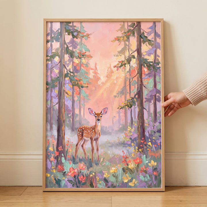 Pastel impasto fawn woodland wall art featuring a young deer in a colorful flower field under a soft pink sunset sky.