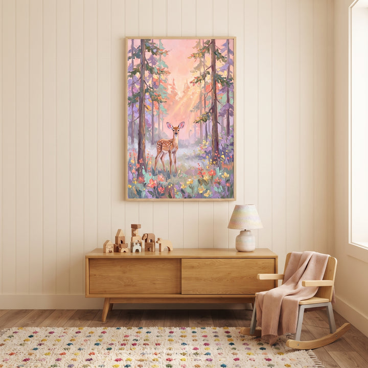 Nursery with a wooden cabinet and rocking chair, decorated with pastel impasto fawn woodland wall art.