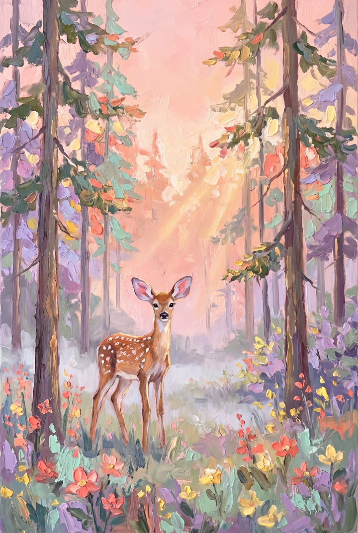 A spotted deer stands in a colorful forest with flowers and sunbeams in this pastel impasto fawn woodland wall art.