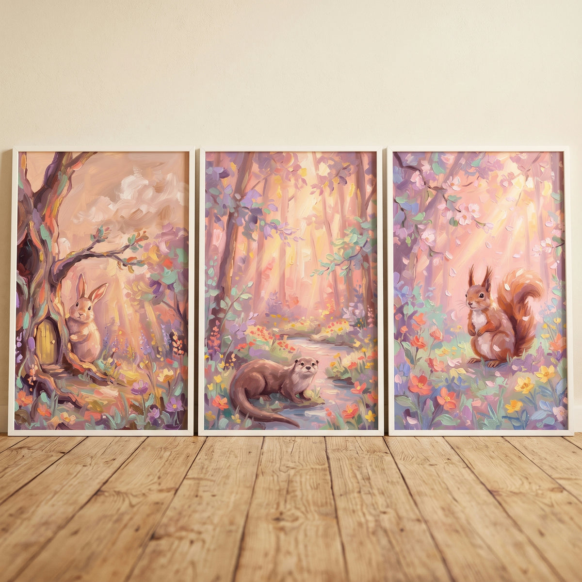 Pastel impasto woodland animals wall art set of 3 featuring a bunny, otter, and squirrel in a soft sunlit forest.