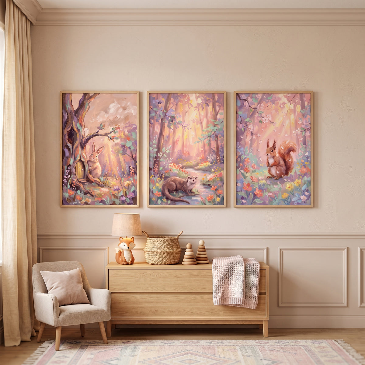 Pastel Impasto Woodland Animals Wall Art Set of 3 - Enchanted Sunlit Glade