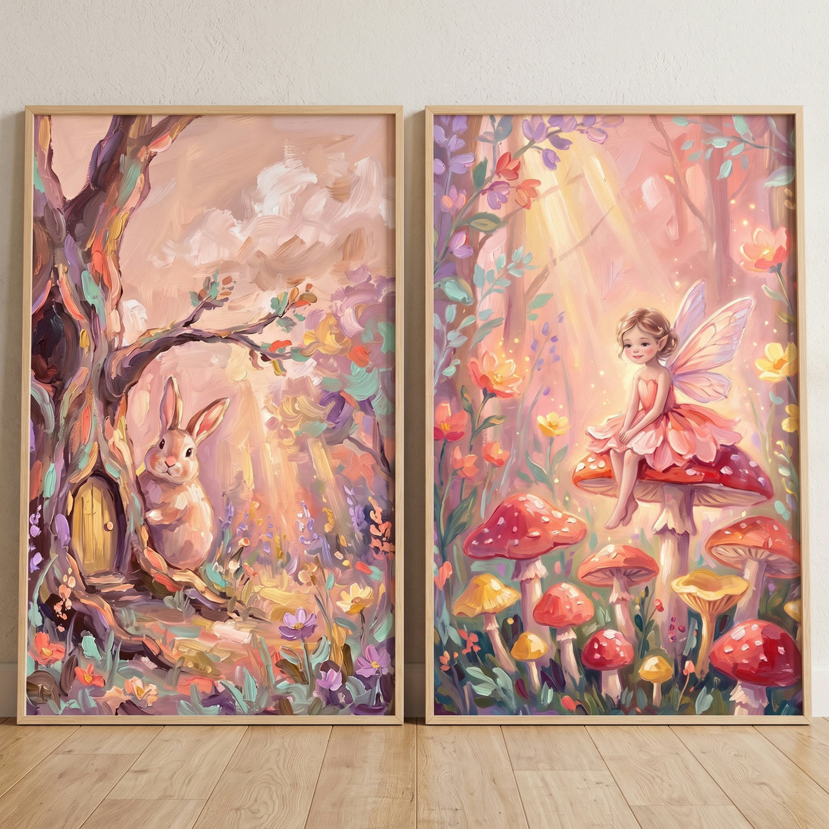 A bunny by a tree door and a fairy on a mushroom are featured in this pastel impasto woodland wall art set of 2.