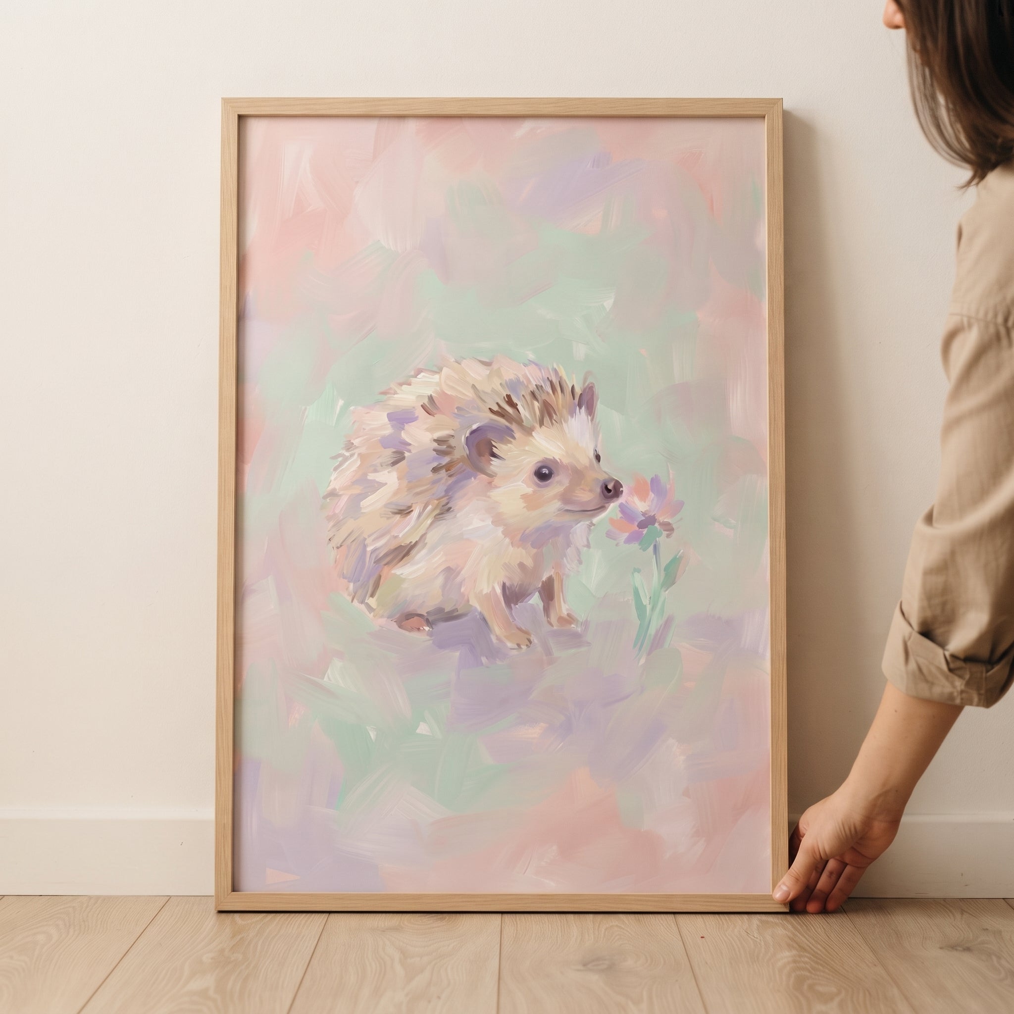 Pastel Impressionist Hedgehog Wall Art - Pastel Flower Sniff