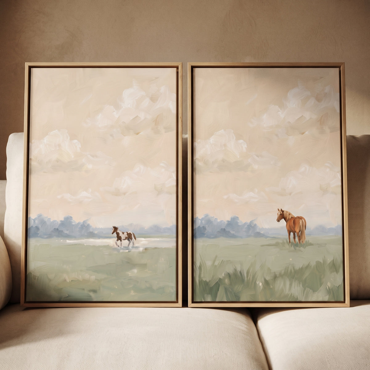 Pastel impressionist landscape horse wall art set of 2 with brown horses in soft meadows under a muted sky.