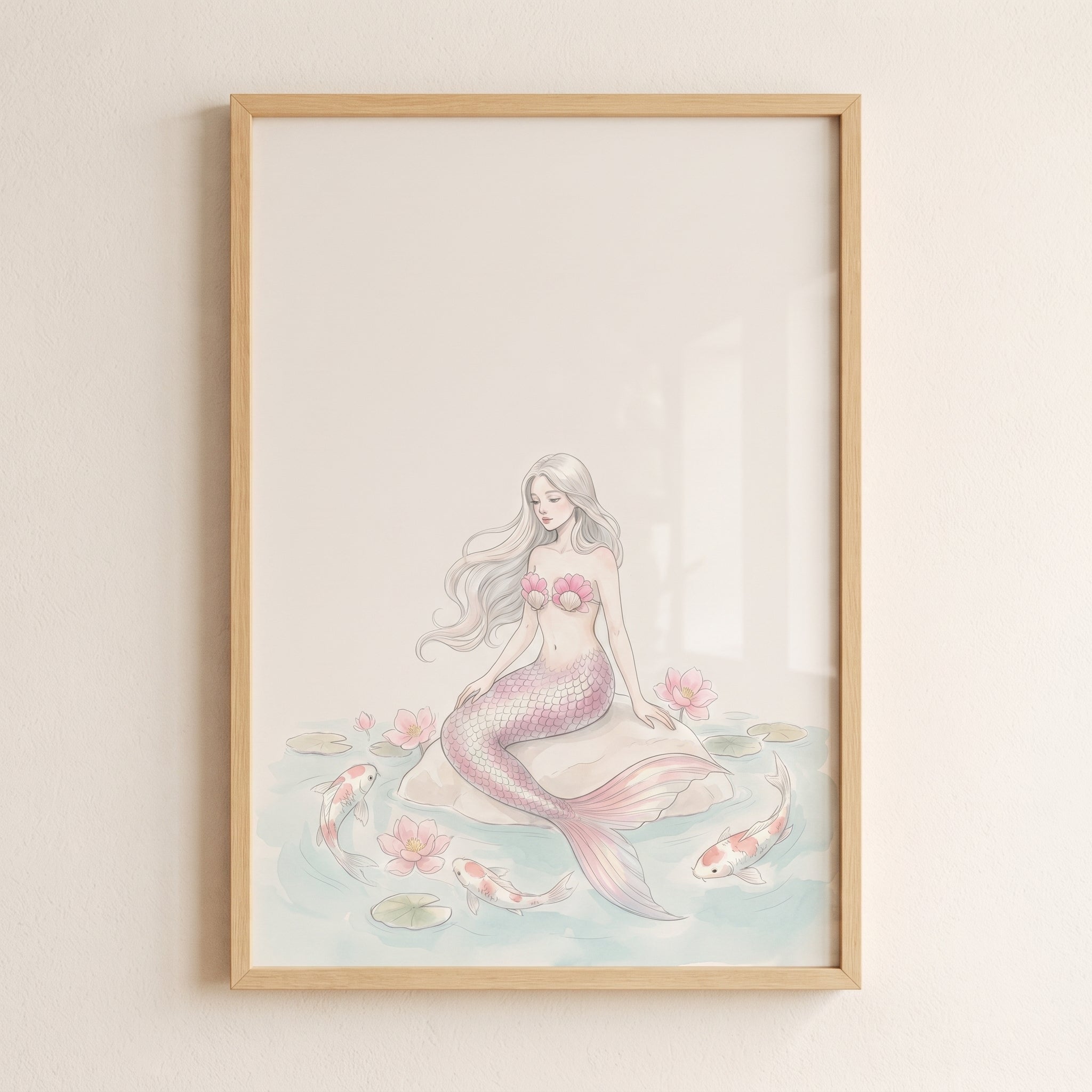 Pastel Koi Fish Mermaid Wall Art - Serene Lotus Mermaid