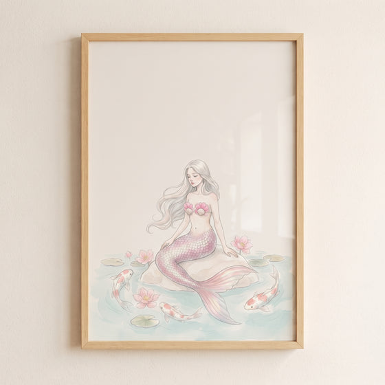 Framed pastel koi fish mermaid wall art of a mermaid on a rock among pink lotus blossoms and swimming koi fish.