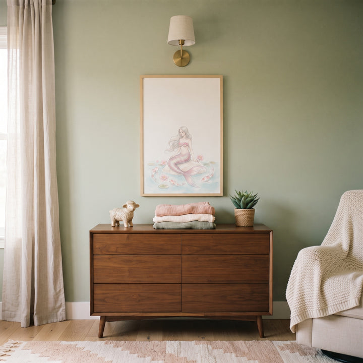 Pastel koi fish mermaid wall art hangs above a wood dresser in a room with sage green walls and a cream armchair.