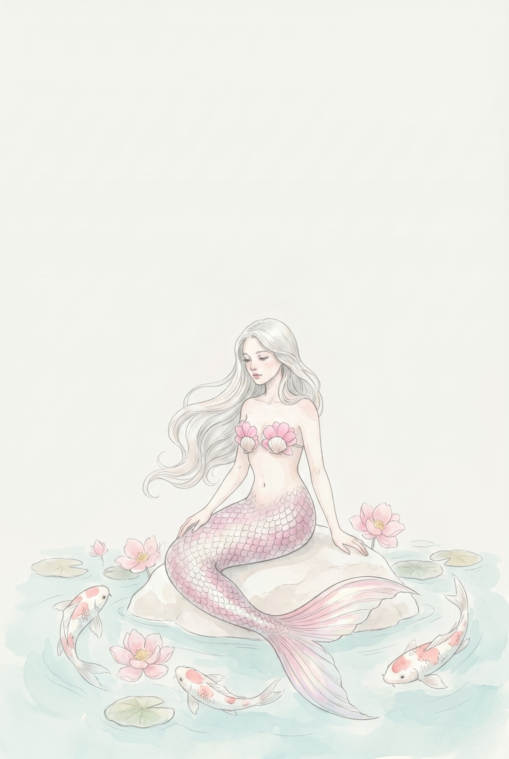Pastel Koi Fish Mermaid Wall Art - Serene Lotus Mermaid