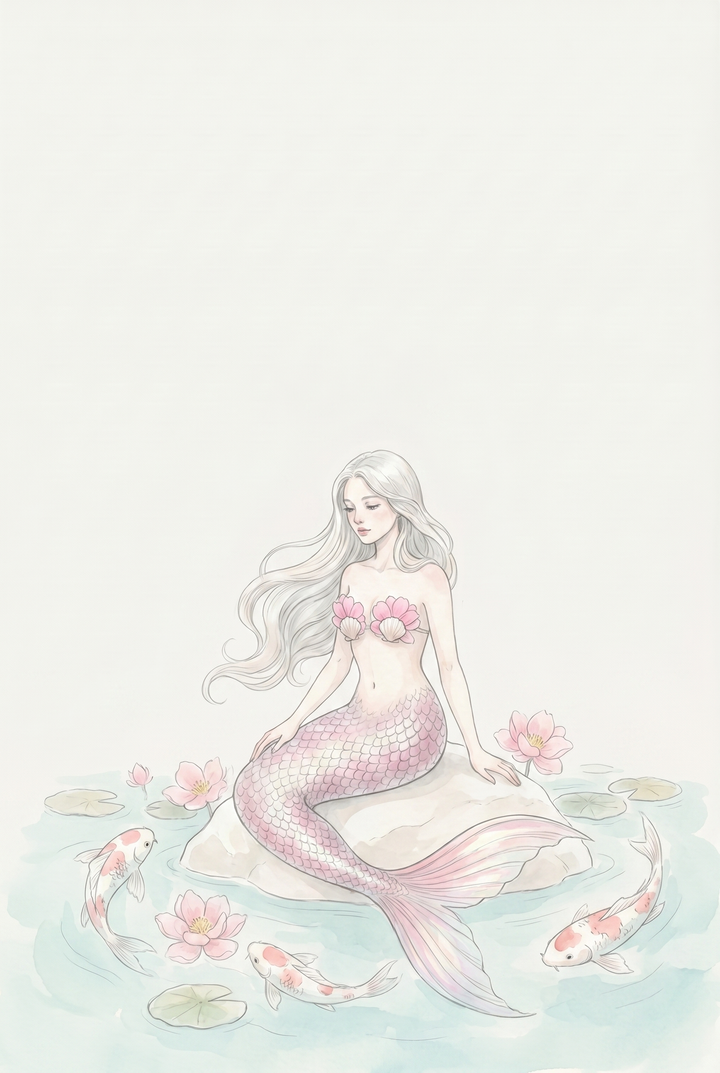 Silver-haired mermaid with pink scales sits on a rock near lilies in this pastel koi fish mermaid wall art.