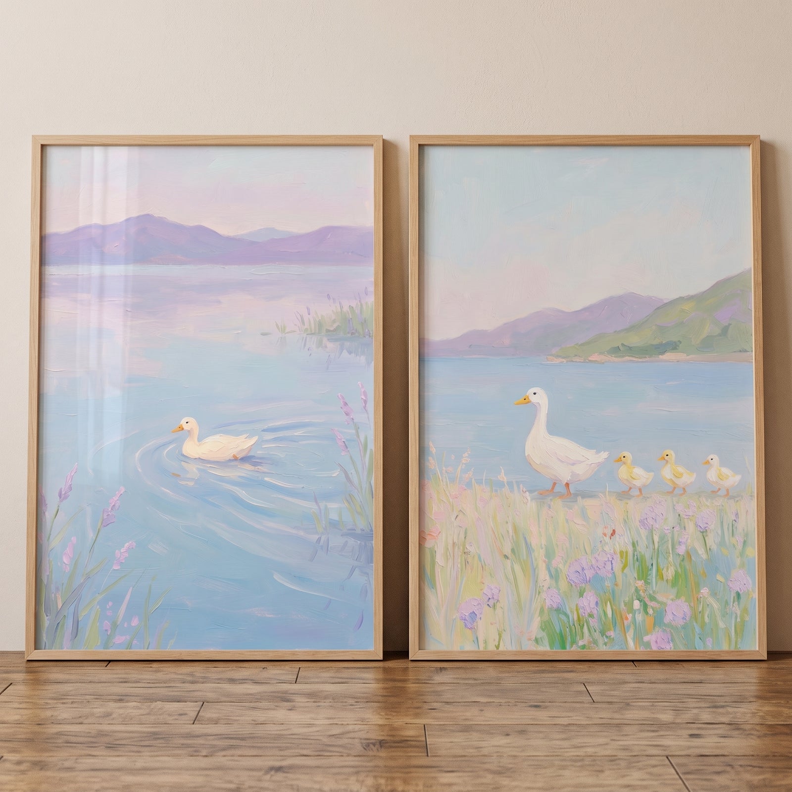 Pastel lakeside white duck wall art set of 2 shows ducks swimming and walking near a calm lake and purple hills.