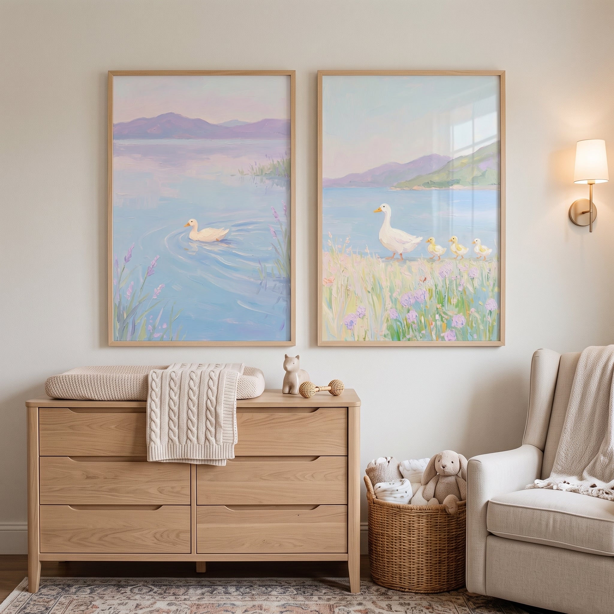 Pastel Lakeside White Duck Wall Art Set of 2 - Pastel Duck Family