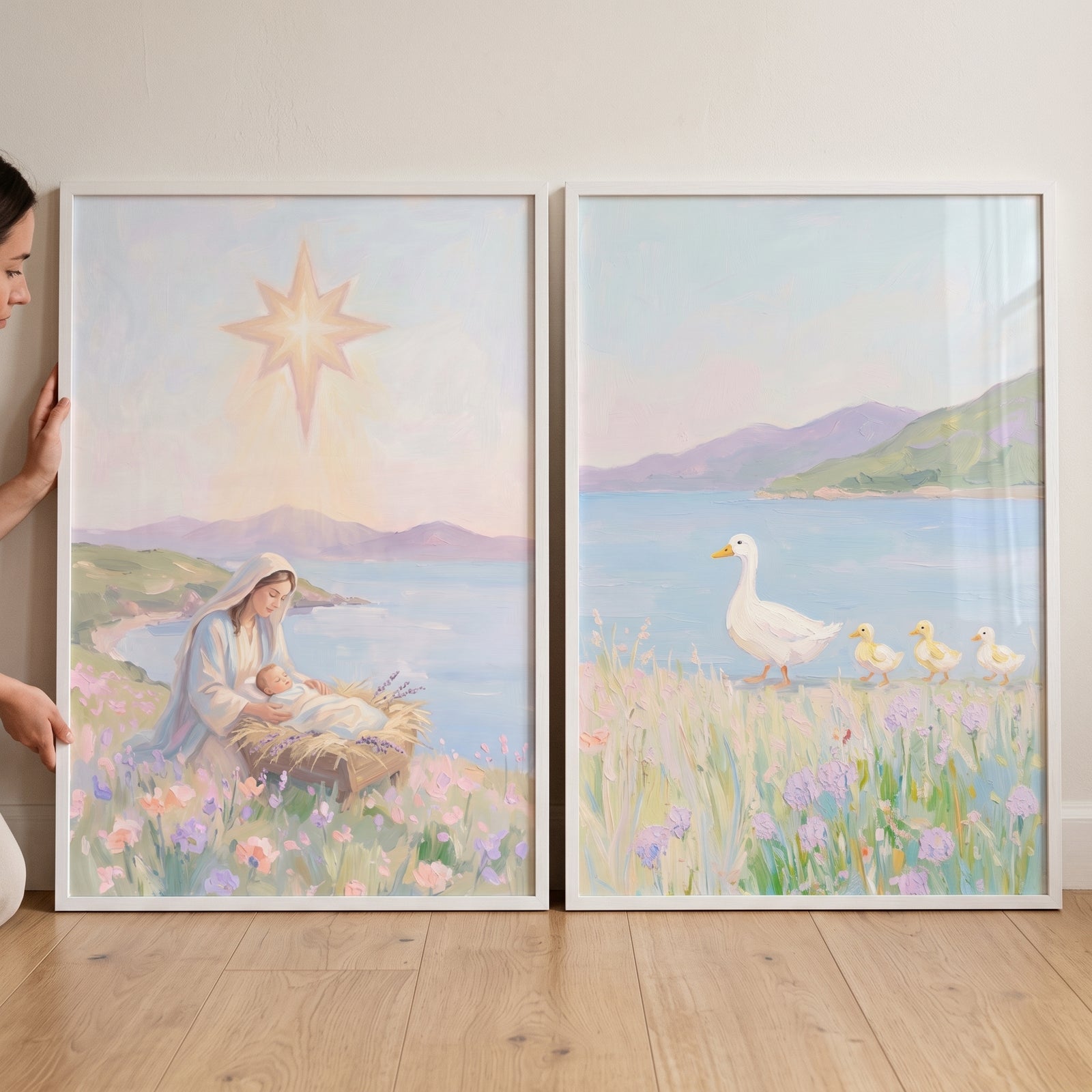 Mary with baby Jesus and a mother duck with ducklings in a pastel lavender meadow coastal wall art set of 2.