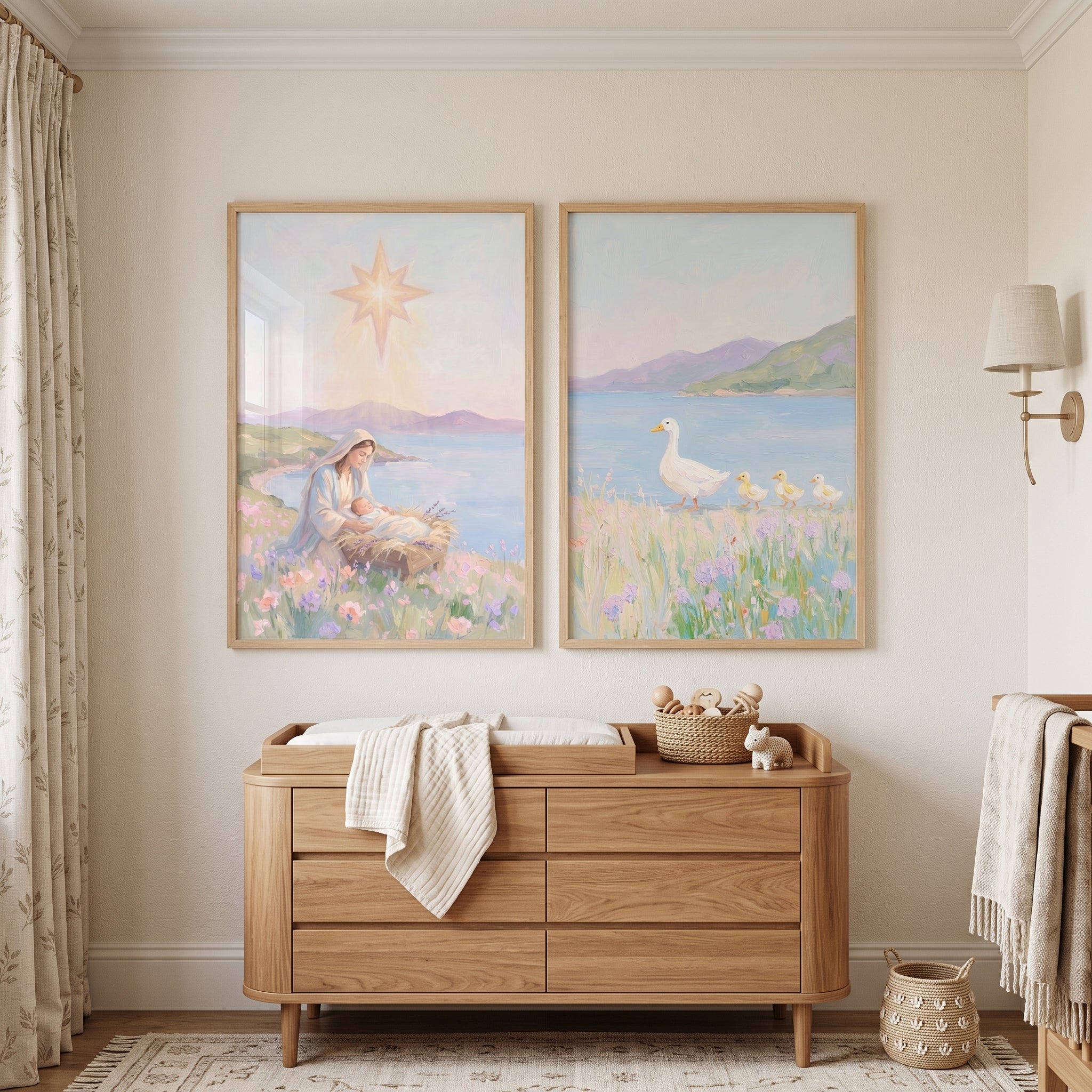 Pastel Lavender Meadow Coastal Wall Art Set of 2 - Jesus Radiant Peace