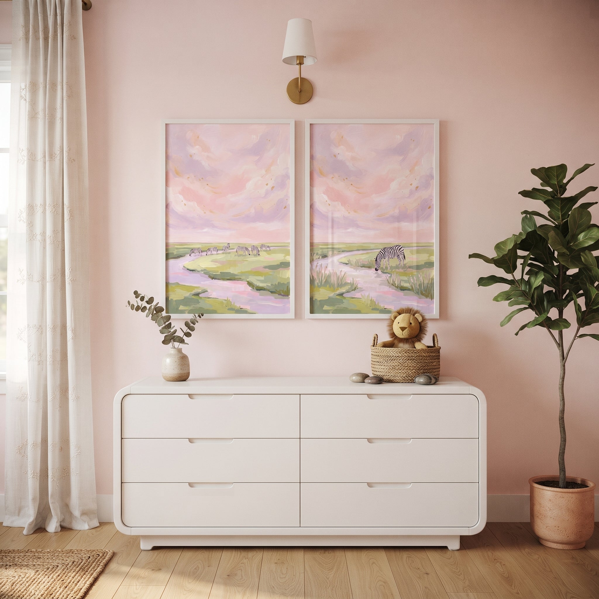 Pastel Lavender Sky Zebra Wall Art Set of 2 - Pastel Zebra Horizon