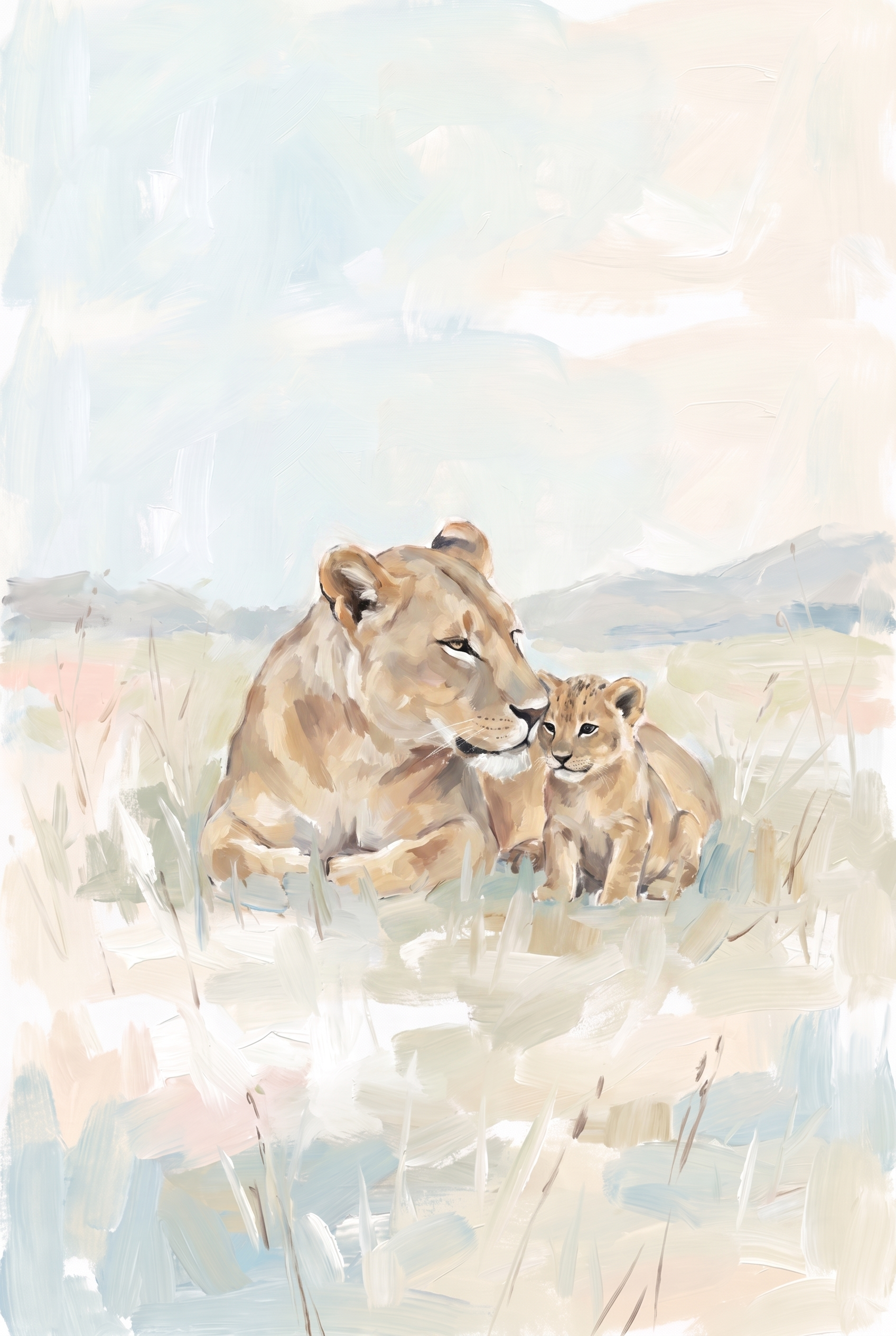 Pastel Lioness And Cub Lion Wall Art - Savanna Motherhood