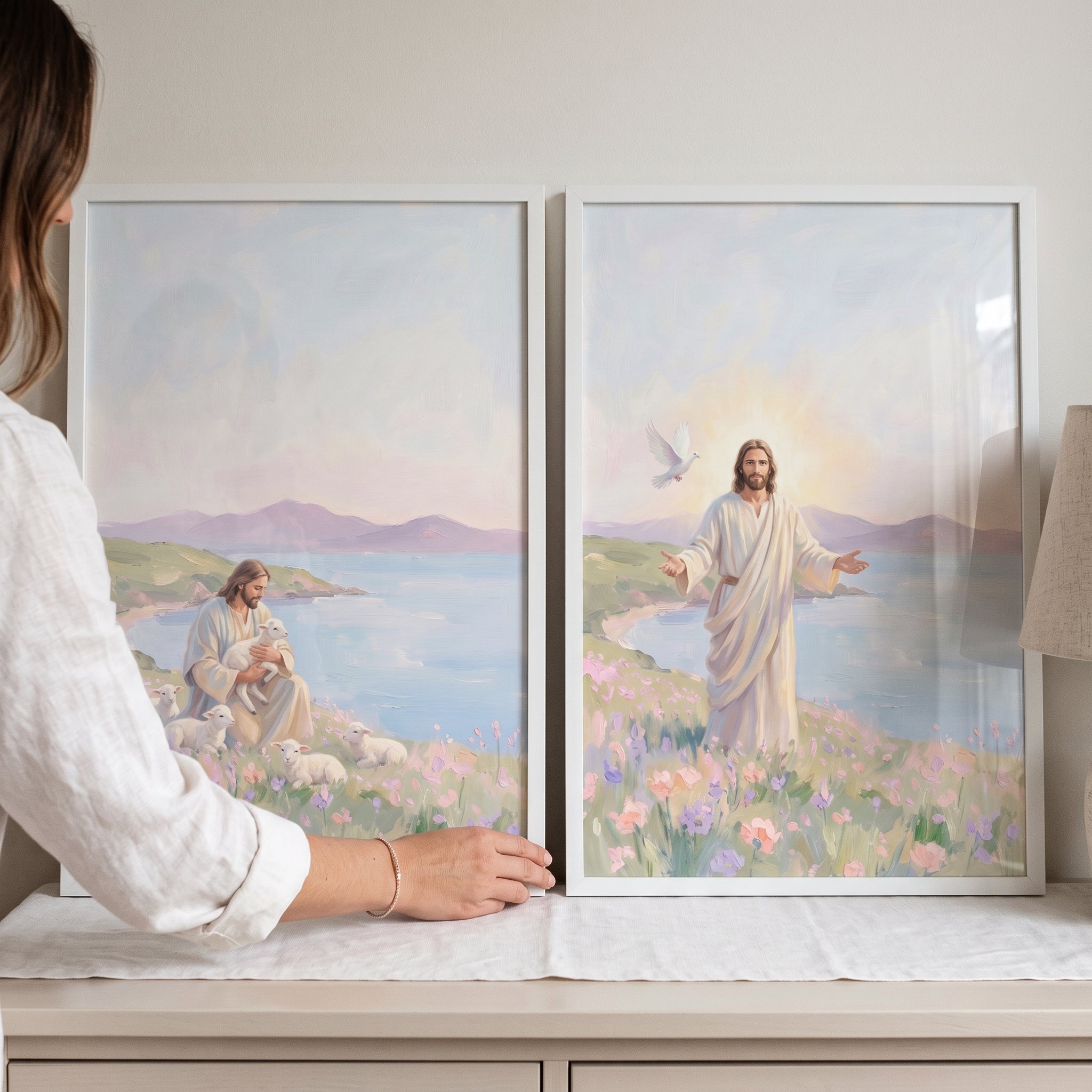 Pastel Meadow Coastal Jesus Wall Art Set of 2 - Jesus Christ's Grace