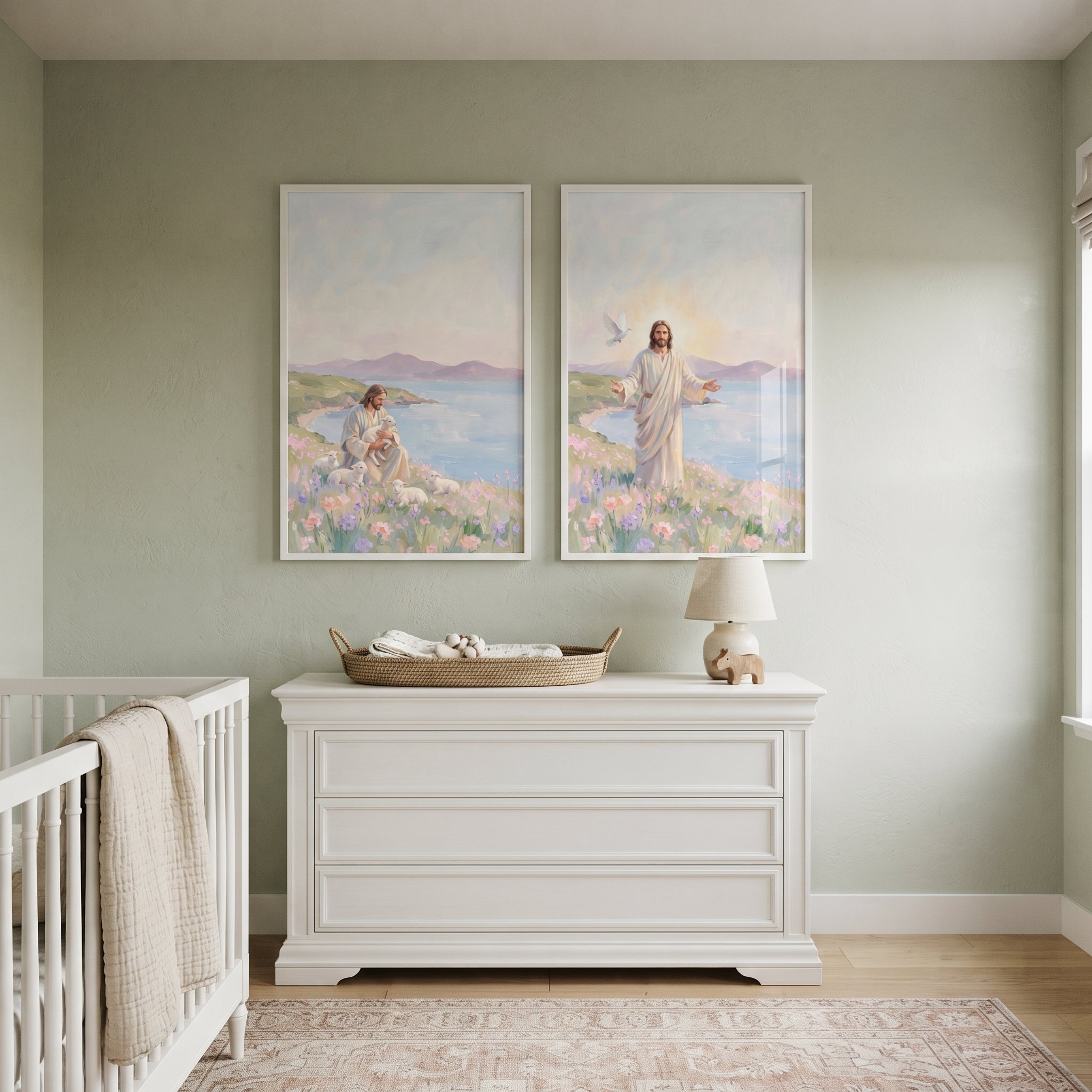 Pastel Meadow Coastal Jesus Wall Art Set of 2 - Jesus Christ's Grace
