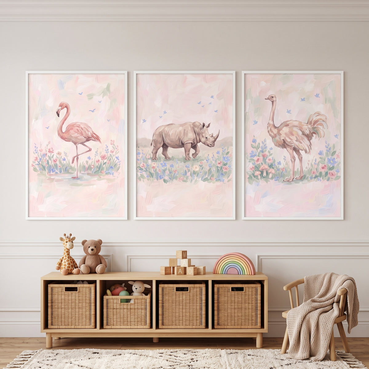 Pastel Meadow Safari Animals Wall Art Set Of 3 - Whimsical Wildlife Set