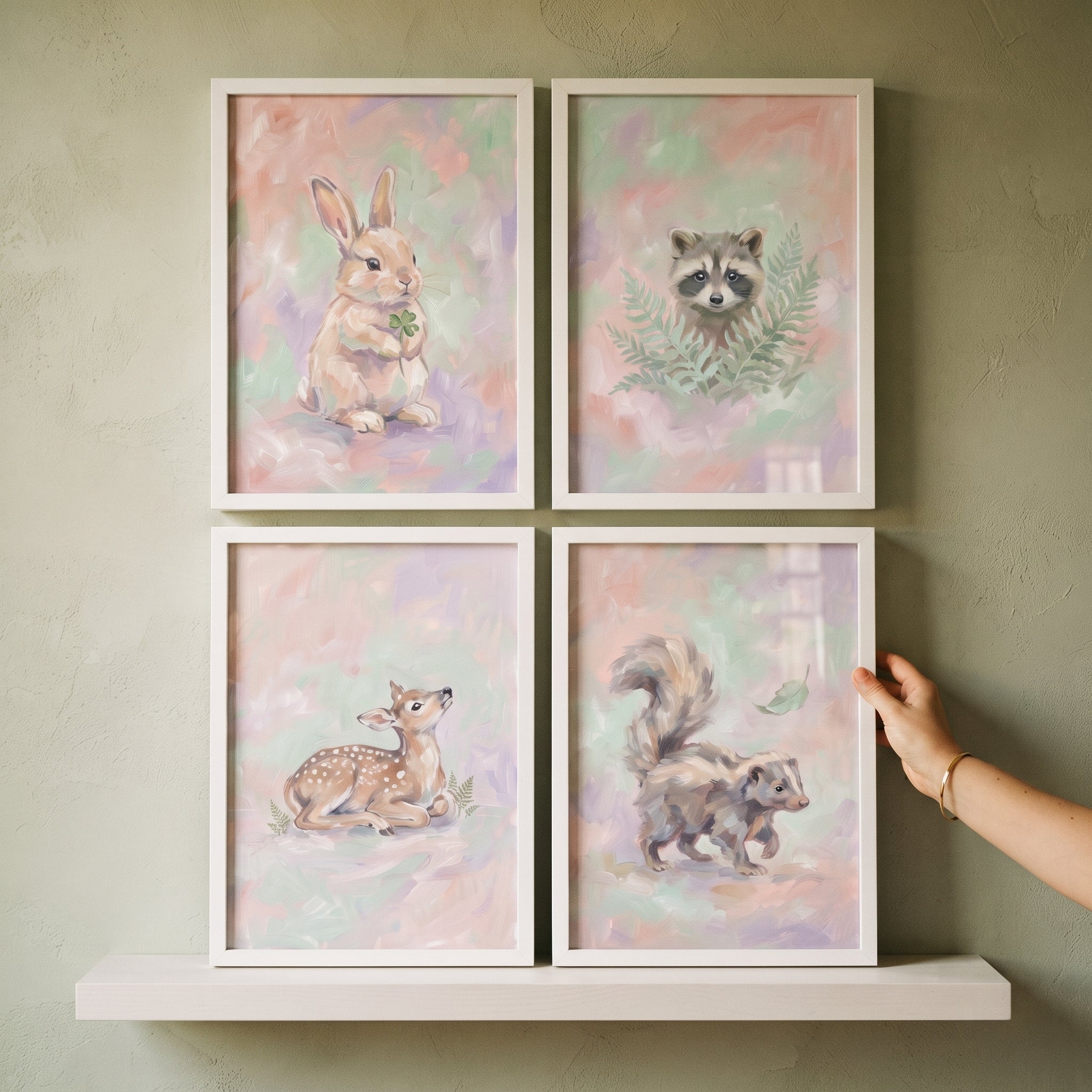 Pastel Meadow Woodland Animal Wall Art Set of 4 - Soft Woodland Critters