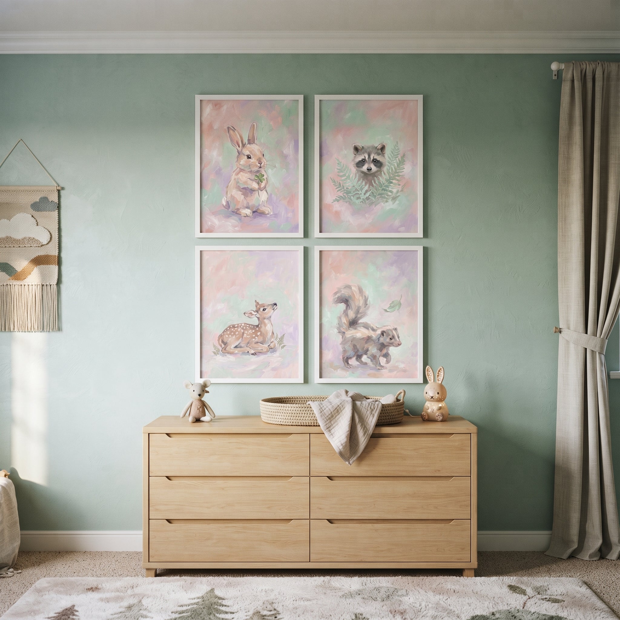 Pastel Meadow Woodland Animal Wall Art Set of 4 - Soft Woodland Critters