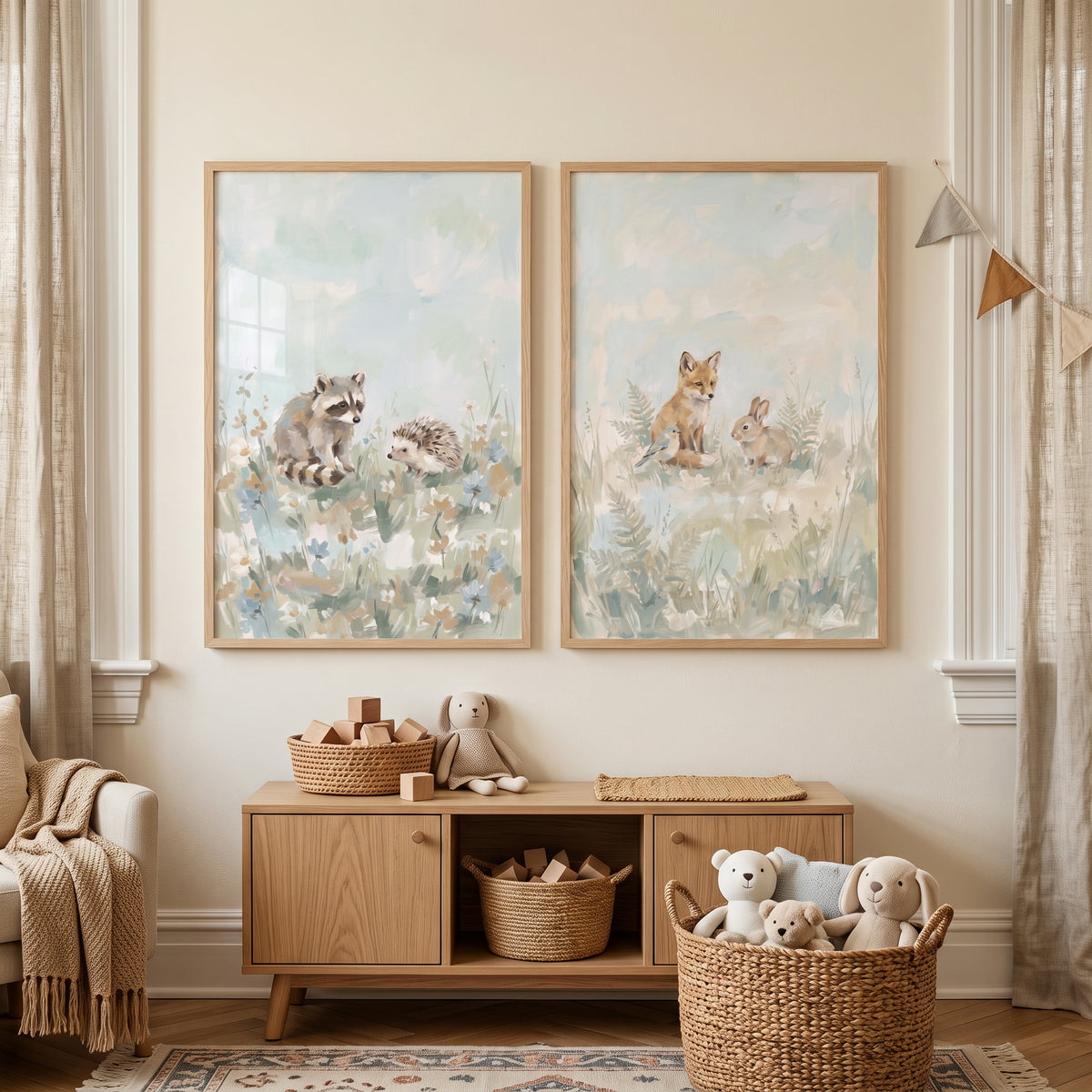 Pastel Meadow Woodland Animals Wall Art Set of 2 - Pastel Meadow Creatures