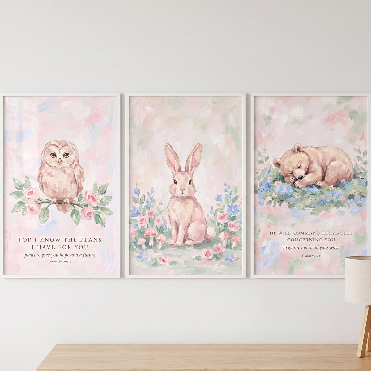 Pastel Meadow Woodland Animals Wall Art Set of 3 - Faithful Woodland Dreams