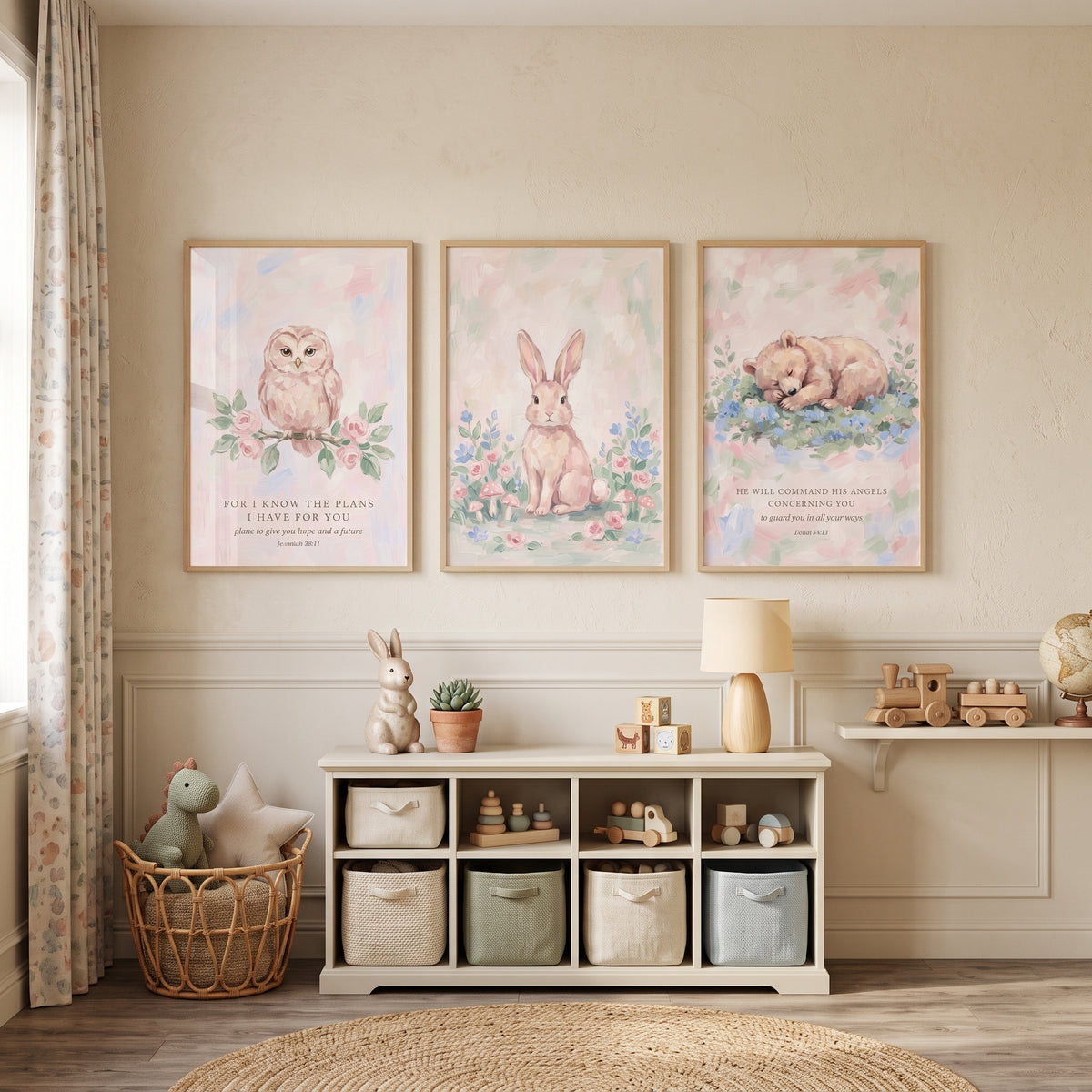 Pastel Meadow Woodland Animals Wall Art Set of 3 - Faithful Woodland Dreams