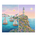 Two bright coastal illustrations are shown side by side in a dotted pastel style. The left panel shows three small sailboats with patterned sails floating in turquoise water near a shoreline village at sunset. The right panel shows a tall lighthouse on a flower covered cliff above the sea with a pale moon in a pink and lavender sky.