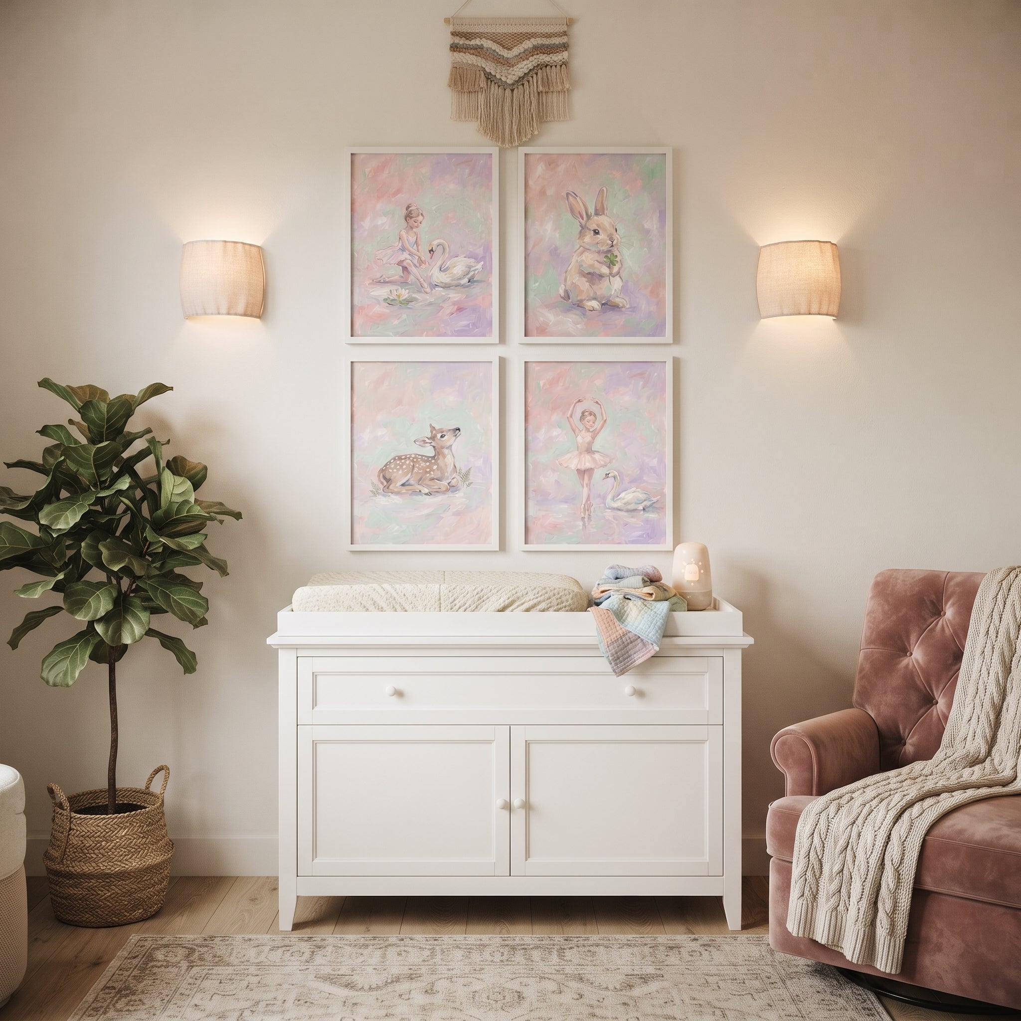 Pastel Painterly Girls Room Wall Art Set of 4 - Soft Meadow Animals