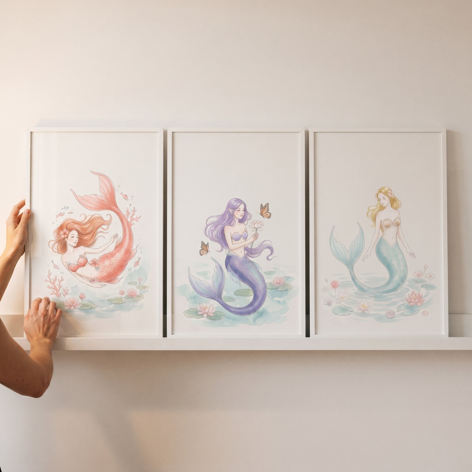A hand adjusts a pastel palette ethereal mermaid wall art set of 3 in white frames displayed on a shelf.