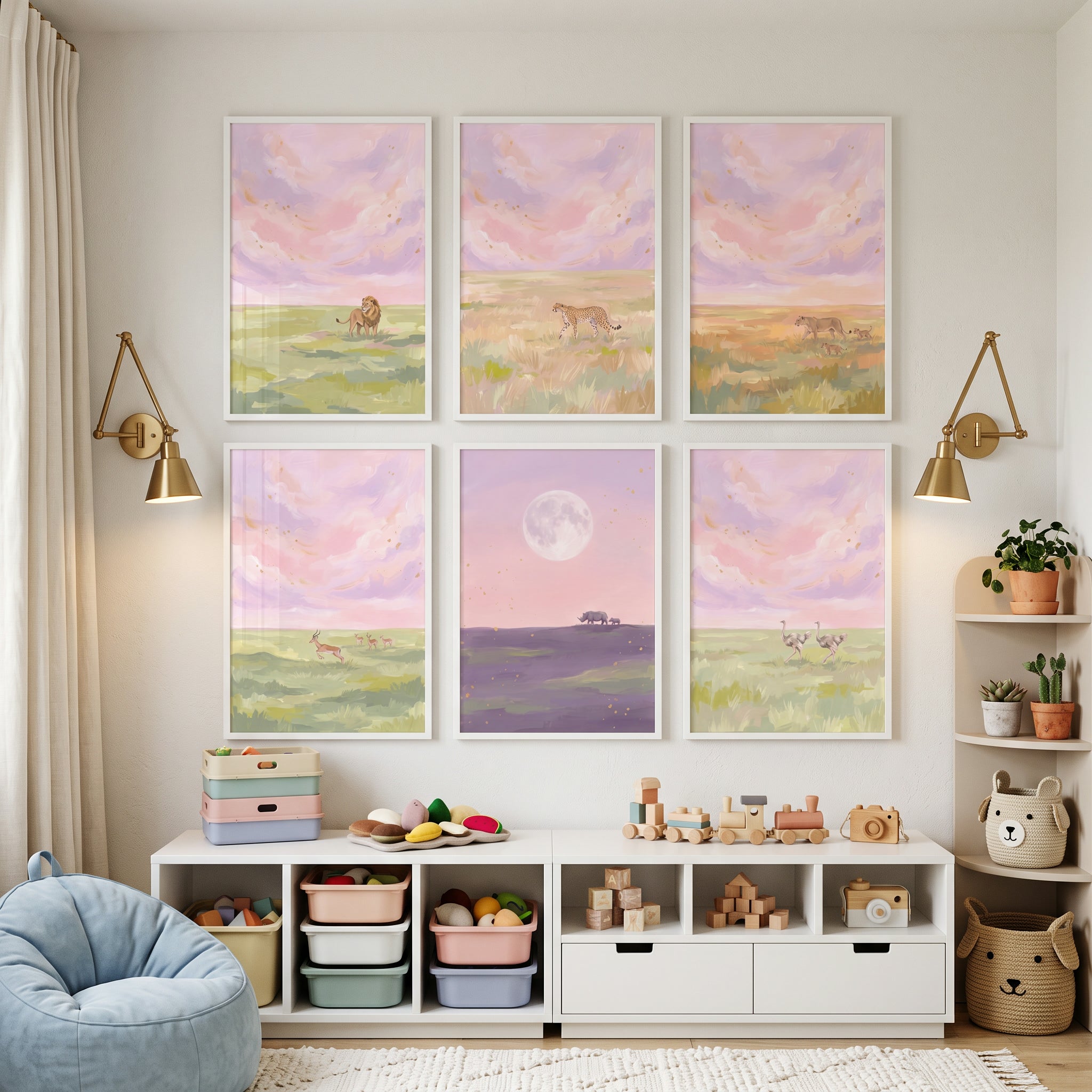 Pastel Pink African Animals Wall Art Set of 6 - Pink Horizon Wilds