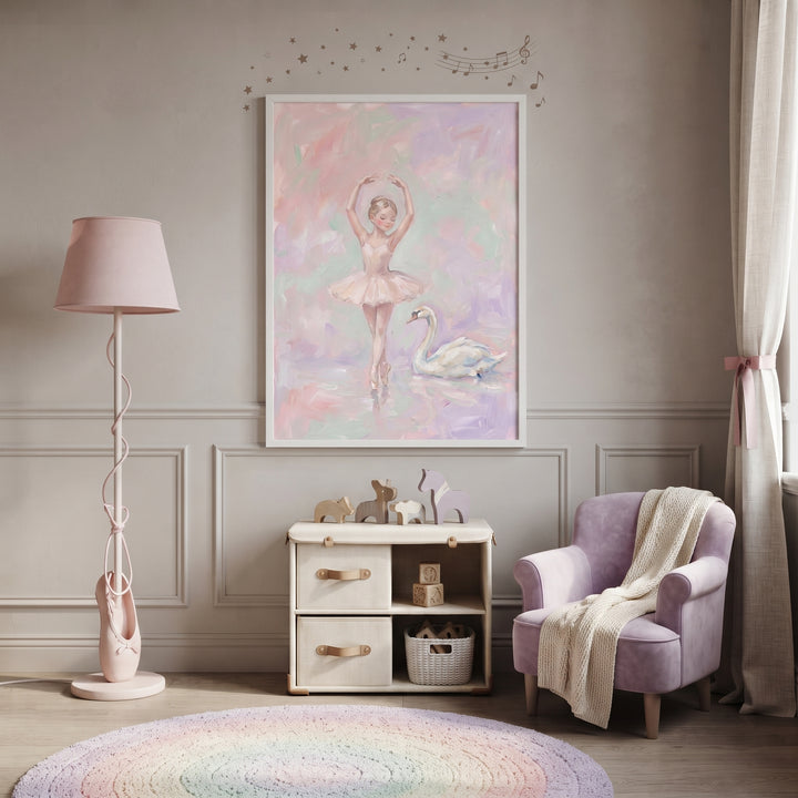 Pastel pink ballerina wall art hangs in a room with a purple armchair, rainbow rug, and ballet shoe floor lamp.