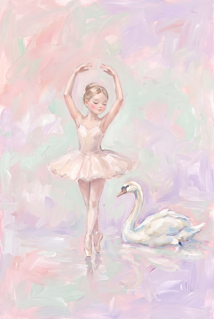 Pastel pink ballerina wall art of a young dancer in a tutu and pointe shoes next to a white swan with soft brushstrokes.