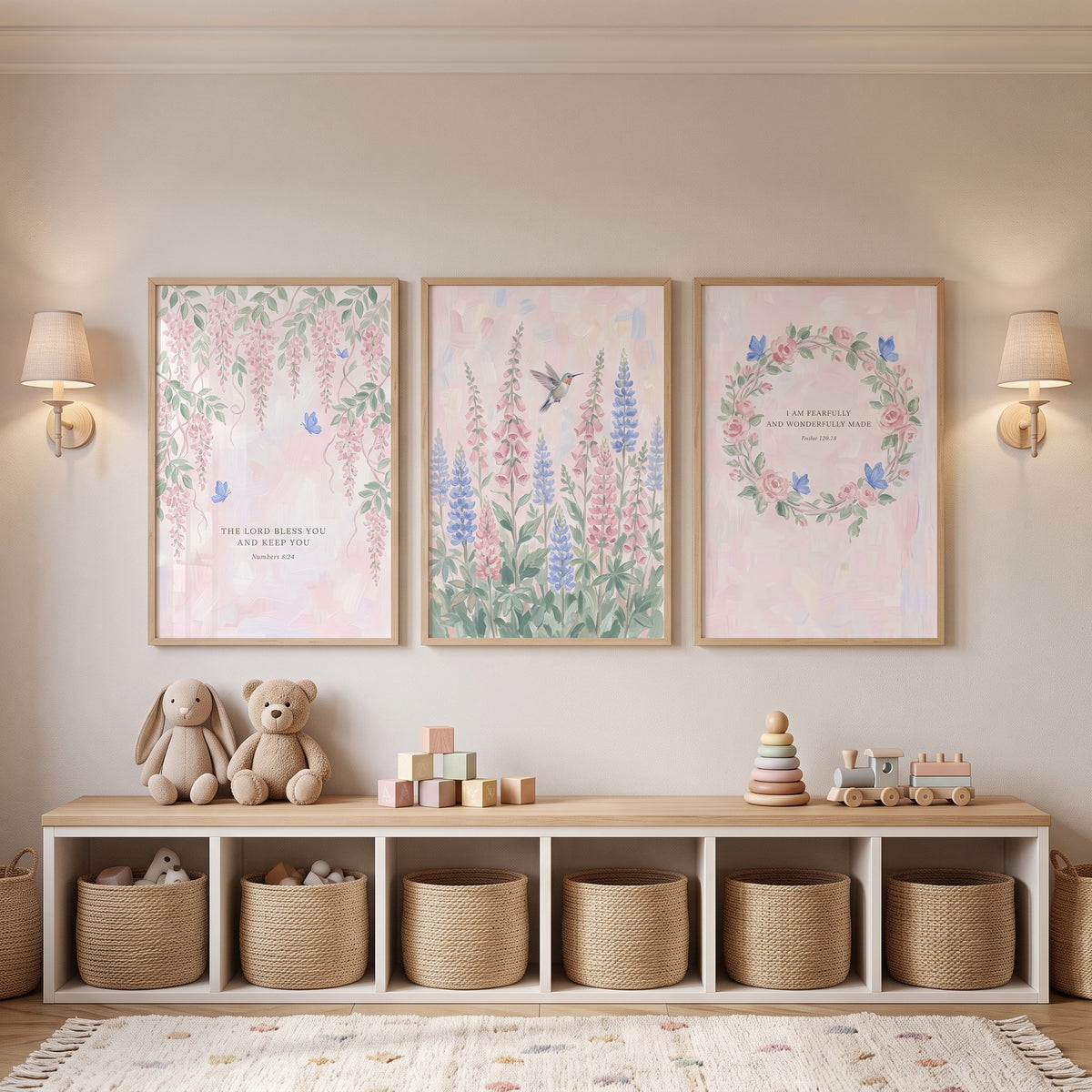 Pastel Pink Blue Garden Wall Art Set of 3 - Graceful Scripture Blossoms